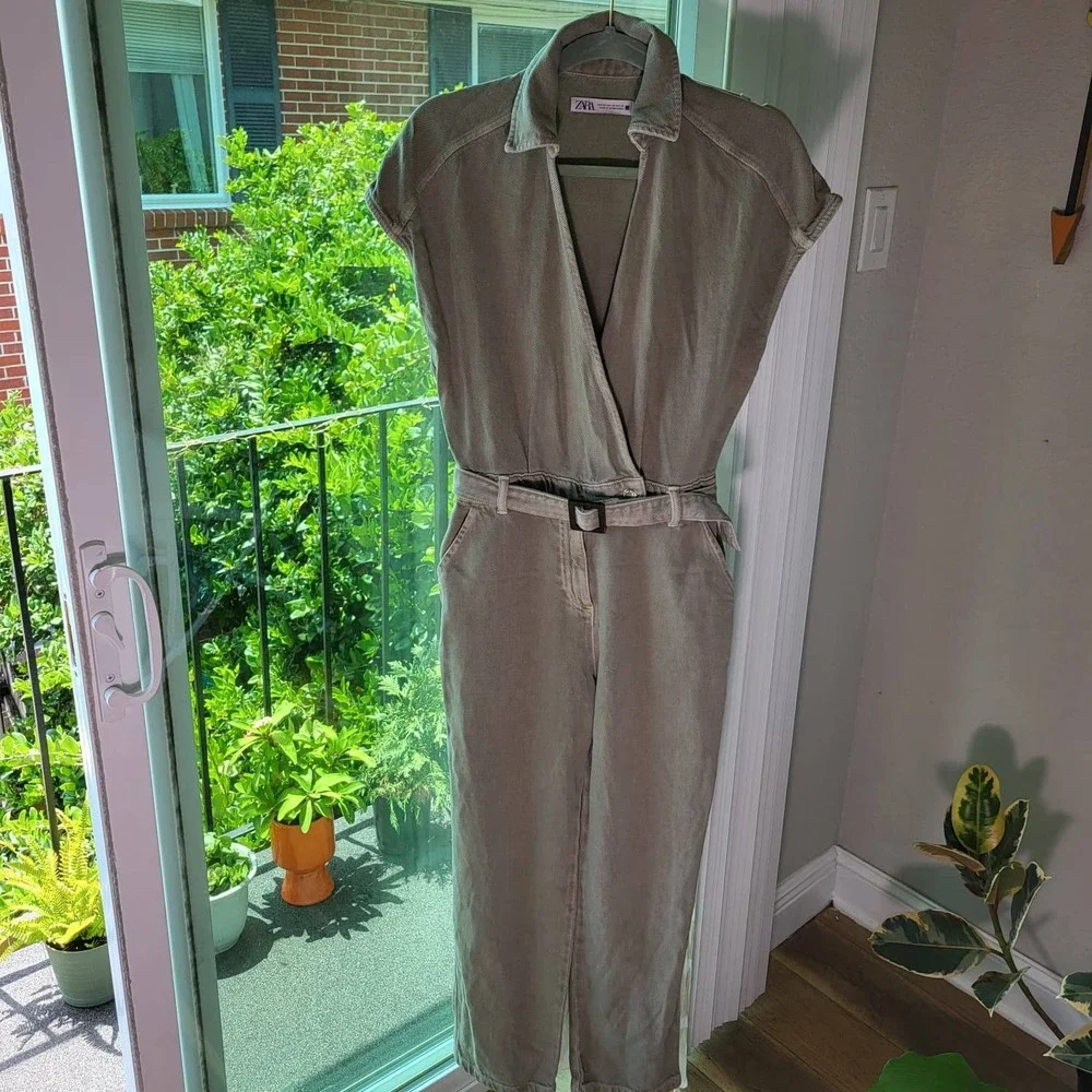 Zara Womens Sage Green Denim Belted Utility Jumpsuit Short Sleeve XS 1887/163